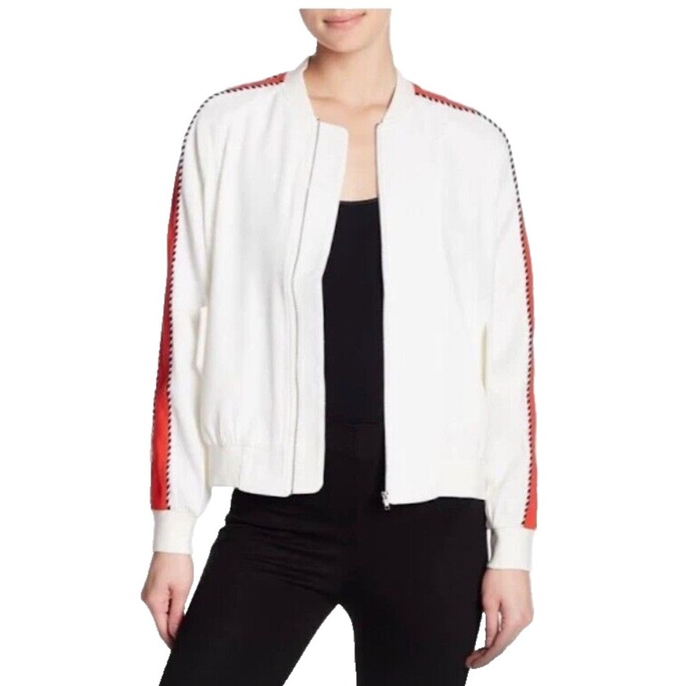 Line Dot Isabel Bomber Jacket L NWT White Red Stripe Track Sleeve Pocket Varsity